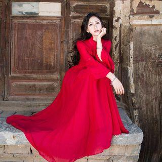 Mock-neck Long-sleeve Maxi A-line Dress