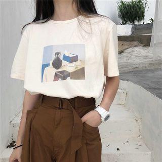 Print Loose-fit Short-sleeve T-shirt Almond - One Size