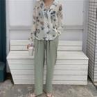 Flower Print Shirt / Plain Wide-leg Pants