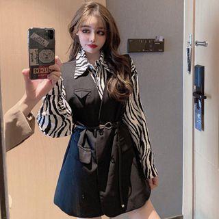 Set: Zebra Print Shirt + Vest With Belt