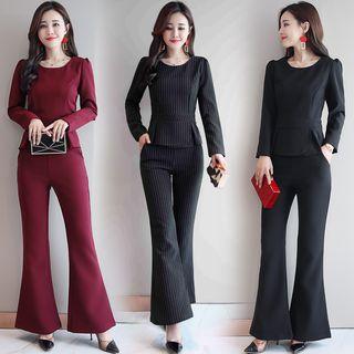 Set: Long-sleeve Top + Boot-cut Dress Pants