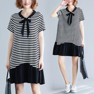 Short-sleeve Striped Tie-neck A-line Dress