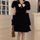 Set: Puff-sleeve A-line Velvet Dress + Arm Sleeves Set Of 2 - Dress & Arm Sleeves - Black - One Size