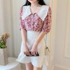 Contrast Collar Floral Elbow-sleeve Blouse / Mini A-line Ruffle Skirt / Set