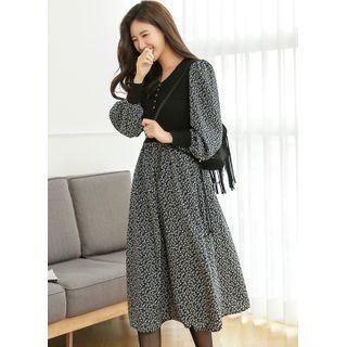 Belted Knit-panel Midi Floral Dress