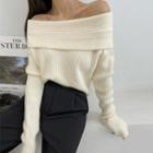 Off-shoulder Fold-over Ribbed Sweater