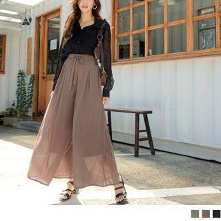High Waist Tie-waist Plain Chiffon Wide-leg Pants