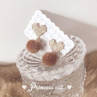 Rhinestone Heart Pompom Dangle Earring 1 Pair - Rhinestone Heart & Pompom - Coffee - One Size