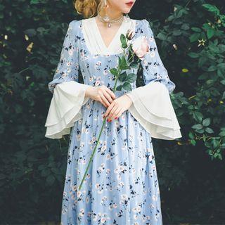 Floral Panel V-neck Midi A-line Dress