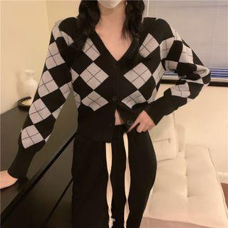 V-neck Argyle Cropped Cardigan Black & White - One Size