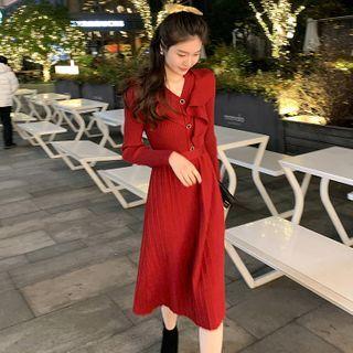 Long-sleeve Ruffle Trim Knit Midi Dress