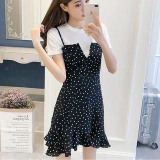 Set: Short-sleeve T-shirt + Spaghetti Strap Dotted Mini Dress