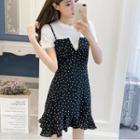 Set: Short-sleeve T-shirt + Spaghetti Strap Dotted Mini Dress