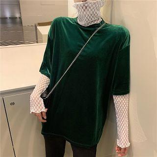 Plain Turtle-neck Lace Long-sleeve Bottoming Shirt / Plain Crewneck Loose-fit Short-sleeve T-shirt