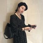 Floral Print V-neck Long-sleeve Dress Black - One Size