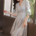 Elbow-sleeve Plaid Sequined A-line Dress