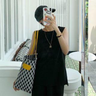 Set: Round-neck Sleeveless Top + Band-waist Slit-back Skirt