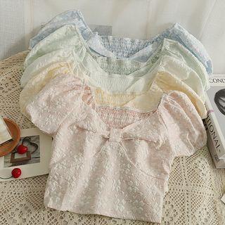 Embossed Off-shoulder Ribbon Crop Top In 5 Colors