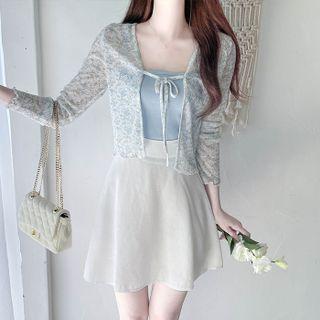Set: Tie-front Floral Cardigan + Cami Top