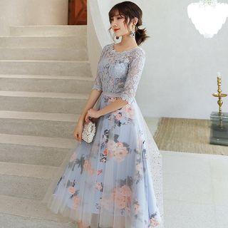 Lace Panel Elbow-sleeve Midi A-line Cocktail Dress