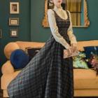 Mock Two-piece Plaid Long-sleeve Maxi A-line Dress