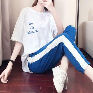 Set: Elbow-sleeve Letter T-shirt + Contrast Trim Sweatpants