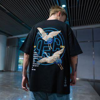 Crane-embroidered Printed T-shirt