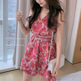 Halter-neck Floral Print Midi A-line Dress Floral - Red - One Size