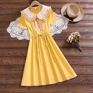 Short-sleeve Orange Embroidered A-line Dress