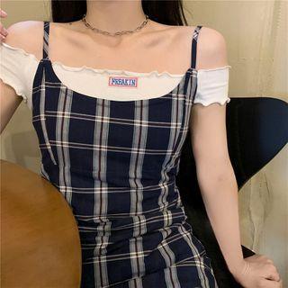 Lettering Short-sleeve T-shirt / Plaid Strappy A-line Dress