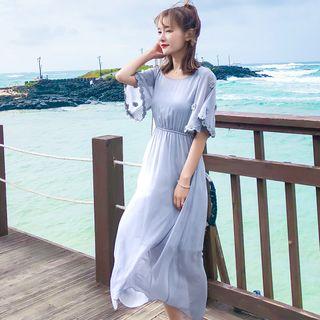 Bell-sleeve Embroidered Midi Dress