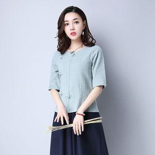 Frog-button Elbow-sleeve Linen Top