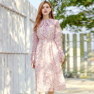 Ruffled Long-sleeve Floral Print Midi A-line Dress