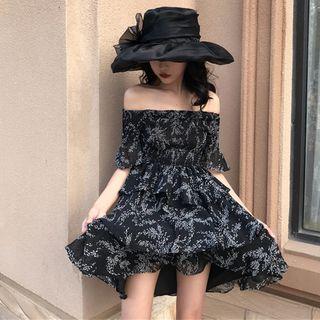 Floral Off-shoulder Elbow-sleeve A-line Dress