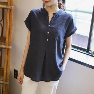 Open-placket Cuffed Cap-sleeve Blouse