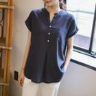 Open-placket Cuffed Cap-sleeve Blouse