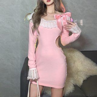 Long-sleeve Off-shoulder Lace Panel Cutout Mini Bodycon Dress
