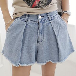 Pleated Wide-leg Denim Shorts