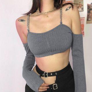Chain Spaghetti Strap Off Shoulder Crop Top