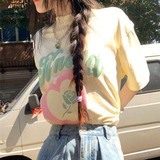 Elbow-sleeve Printed T-shirt Light Yellow - One Size