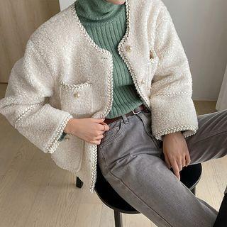 Patch-pocket Piped Fleece Jacket Ivory - One Size