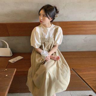 Puff-sleeve Plain T-shirt + Overall Dress