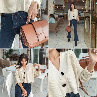 Contrast-button Crop Knit Cardigan