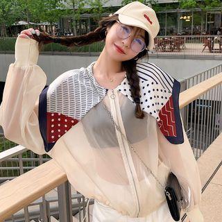 Peter Pan-collar Printed Panel Long-sleeve Zip Sheer Jacket