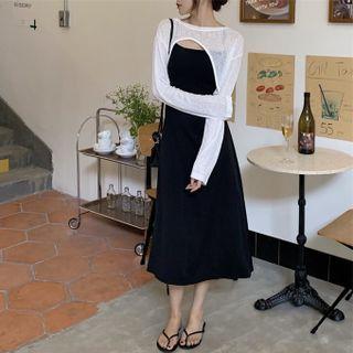 Long-sleeve Cropped T-shirt / Spaghetti Strap Midi A-line Dress