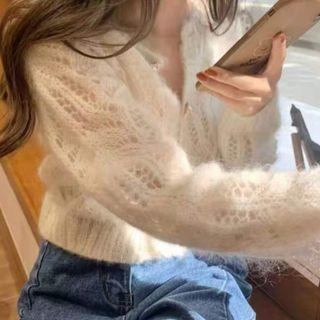 Cropped Loose Knit Cardigan White - One Size