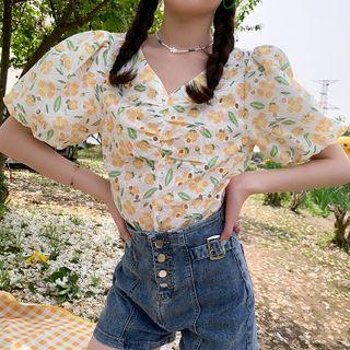 Puff-sleeve V-neck Floral Blouse