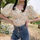 Puff-sleeve V-neck Floral Blouse