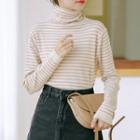 Long-sleeve Turtle-neck Striped Knit Top Almond - One Size