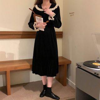 Long-sleeve Lace Trim V-neck Plain Velvet Dress